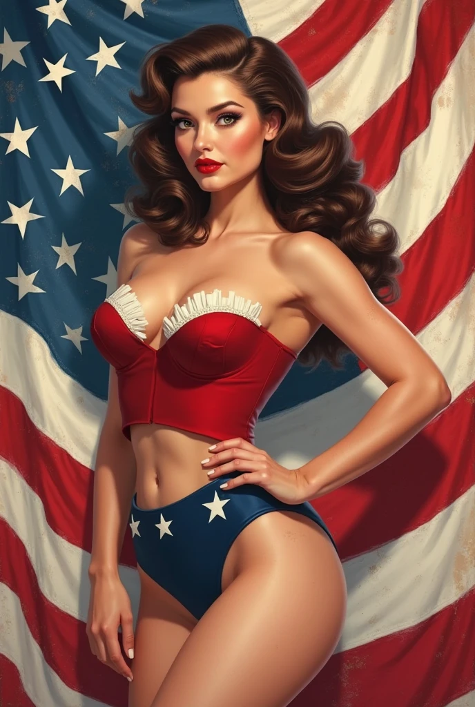American comic illustration, a pin-up girl, (Japanese flag panties, topless nipples), raising fist