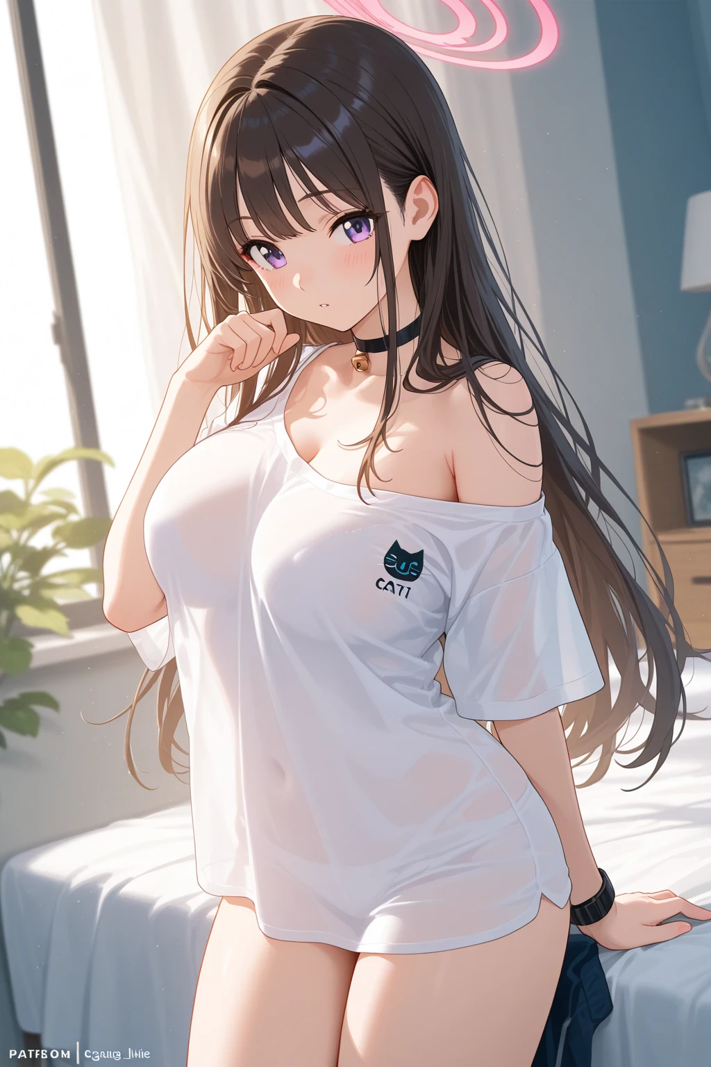 Poetry of the Hills、Shiny black hair, Long Hair, (Beautiful brown eyes、Sparkling eyes, Fine grain、White horseshoe headband)、smile、Super detailedな目、Highly detailed face, Highly detailed eyes,

(masterpiece, Highest quality, Super detailed:1.4), 
(masterpiece), (Highest quality), (Beautiful eyes and face), (Perfect female body), (Glowing Skin),
 25-year-old woman、Wearing a T-shirt，Face Enhancement，Emphasize cleavage，Looking up from below，blush，Red lips，Sexy，
 Bedsit，Please open your mouth wide、Place your arms behind your head、Wear underwear