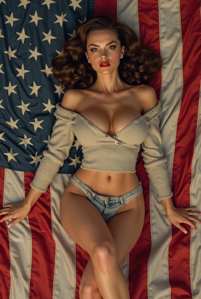 Oil Painting on canvas by Earl Moran, pin-up girl in naked standing sideways, patriotic, realist detail , uniformly staged images, light red and blue, range rcore, American scene painting, calendar girls, masterpiece art work, 8k,