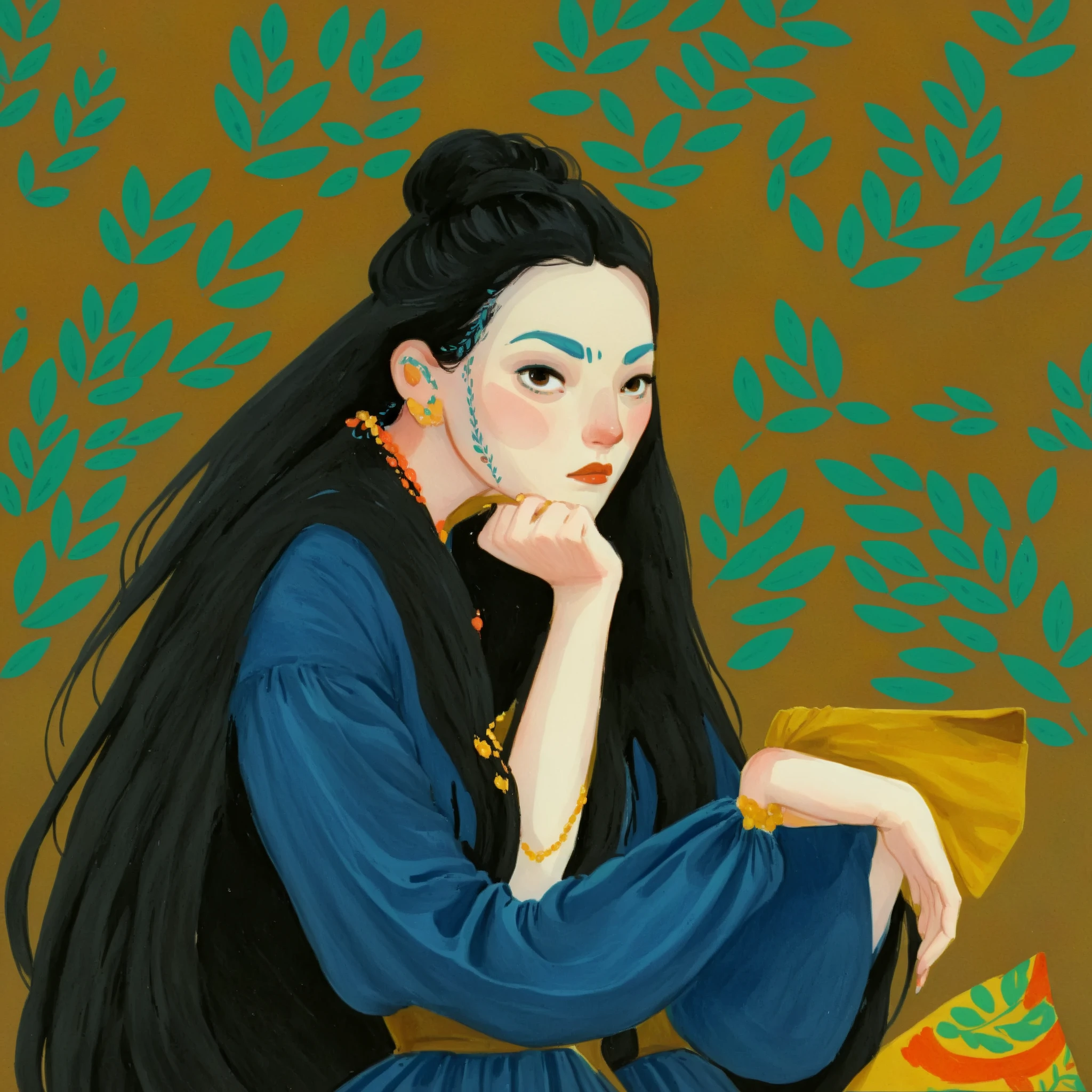 1girl, black hair, fair pale skin, expressive face, black eyes, long_hair, wearing a vibrant long peasant medieval dress, detailed clothing, sketches, detailed thick gouache painting, illustration, in gougoupaintleaves style:1.5, novuschroma04 style