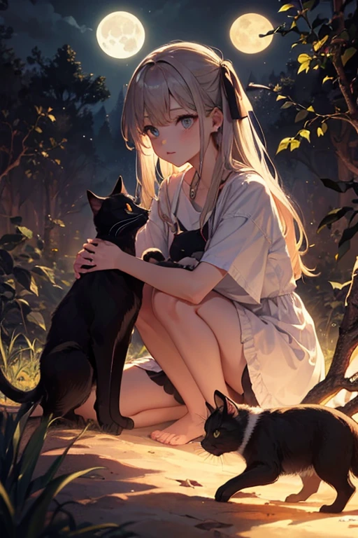 A girl with brown cat ears and a tail.Possesses high physical ability and keen senses.He is a resident of a beastman village living in the forest..There is a black cat near the girl..The black cat is watching over the girl.Black cats are not humanoid.