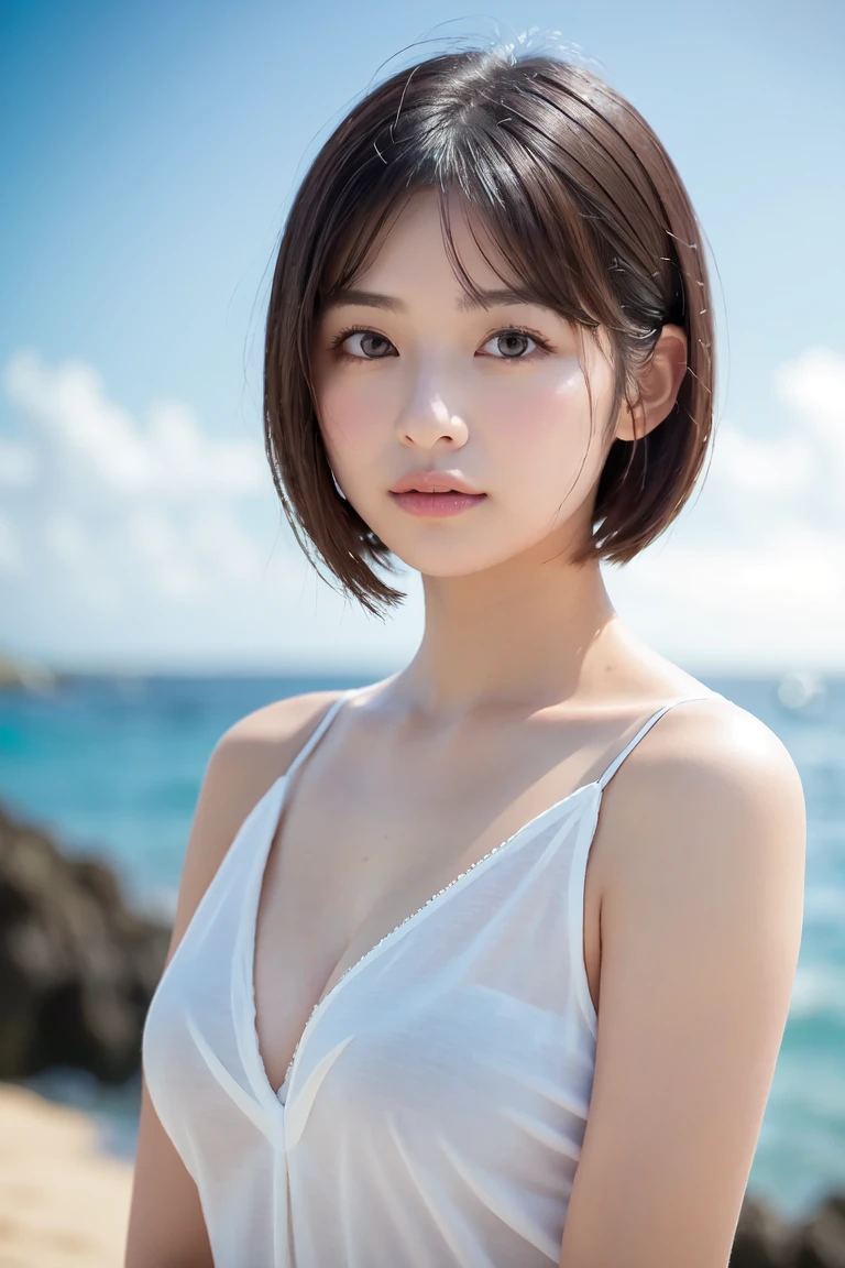 (at beach, 1 girl, skinny, age girl, short stature, flat chest, white bra and panties, medium bob hair, brown hair, sexy pose:1.5), fair-skinned, glossy lips, body type, delicate and sexy clavicle, highest quality, RAW photo, realistic, face, incredibly ridiculous beautiful girl, cute, Depth of bounds written, High resolution, ultra detail, detailed, Very detailed, extremely detailed eye and face, sharp pupils, sharp focus