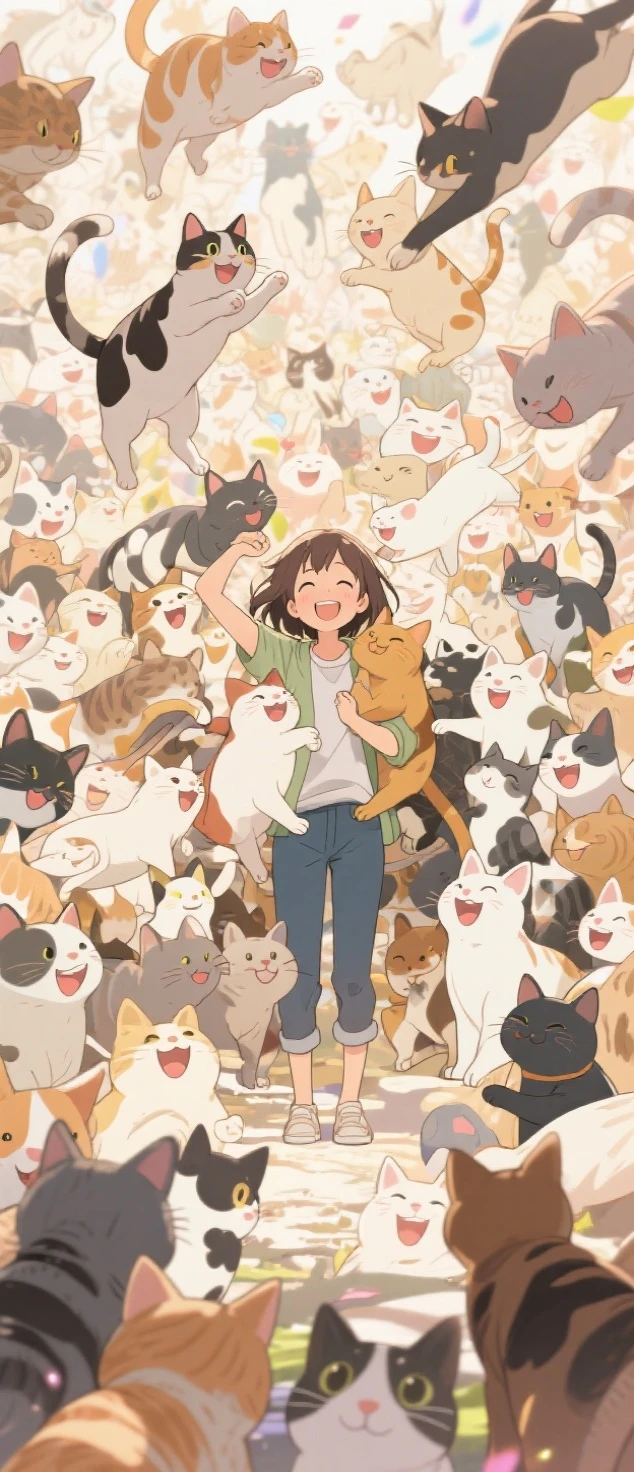 In anime style, an overwhelmingly joyful and magical scene featuring a completely ordinary girl in casual clothes standing at the center, surrounded by an infinite swarm of smiling, adorable cats. The cats fill every inch of the frame and spill beyond its edges, completely hiding the background. Each cat is happily grinning or showing a cheerful expression, with various colors, sizes, and fur patterns. They leap, climb, and snuggle on and around the girl, creating a lively, chaotic sea of fur, warmth, and pure happiness. The atmosphere radiates vibrant energy, heartfelt gratitude, and playful affection, as if the entire world is celebrating this overwhelming moment of thanks.
