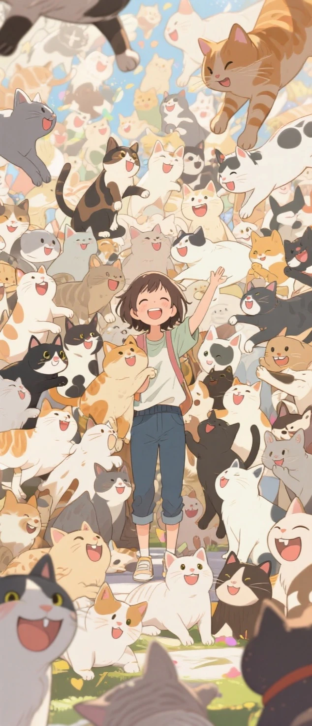 In anime style, an overwhelmingly joyful and magical scene featuring a completely ordinary girl in casual clothes standing at the center, surrounded by an infinite swarm of smiling, adorable cats. The cats fill every inch of the frame and spill beyond its edges, completely hiding the background. Each cat is happily grinning or showing a cheerful expression, with various colors, sizes, and fur patterns. They leap, climb, and snuggle on and around the girl, creating a lively, chaotic sea of fur, warmth, and pure happiness. The atmosphere radiates vibrant energy, heartfelt gratitude, and playful affection, as if the entire world is celebrating this overwhelming moment of thanks.