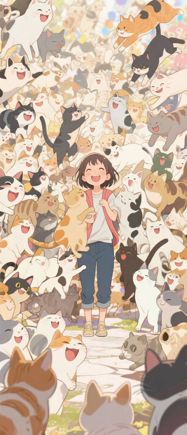 In anime style, an overwhelmingly joyful and magical scene featuring a completely ordinary girl in casual clothes standing at the center, surrounded by an infinite swarm of smiling, adorable cats. The cats fill every inch of the frame and spill beyond its edges, completely hiding the background. Each cat is happily grinning or showing a cheerful expression, with various colors, sizes, and fur patterns. They leap, climb, and snuggle on and around the girl, creating a lively, chaotic sea of fur, warmth, and pure happiness. The atmosphere radiates vibrant energy, heartfelt gratitude, and playful affection, as if the entire world is celebrating this overwhelming moment of thanks.