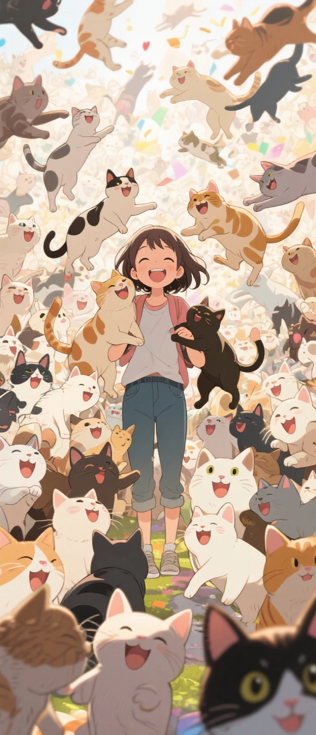 In anime style, an overwhelmingly joyful and magical scene featuring a completely ordinary girl in casual clothes standing at the center, surrounded by an infinite swarm of smiling, adorable cats. The cats fill every inch of the frame and spill beyond its edges, completely hiding the background. Each cat is happily grinning or showing a cheerful expression, with various colors, sizes, and fur patterns. They leap, climb, and snuggle on and around the girl, creating a lively, chaotic sea of fur, warmth, and pure happiness. The atmosphere radiates vibrant energy, heartfelt gratitude, and playful affection, as if the entire world is celebrating this overwhelming moment of thanks.