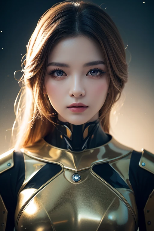 medium long body shot of beautiful cyborg girl in shiny gold armor suit, beautiful cyborg girl pinup, cute cyborg girl, hyperrealistic fantasy art, beautiful white girl cyborg, broken beautiful female android, sci-fi fantasy art, detailed sci-fi art, Atmosphere sci-fi movies background ,red and blue back lighting effect, dynamic pose