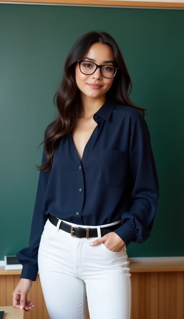a woman wearing glasses and a gray shirt, wavy long black hair and glasses, roxie vizcarra-betty la fea merged, entire body visible, full body, hyperrealistic, real human skin, best quality, 8K, masterpiece, extremely intricate, detailed eyes, detailed face, detailed body, exaggerated features, pronounced features, fujifilm