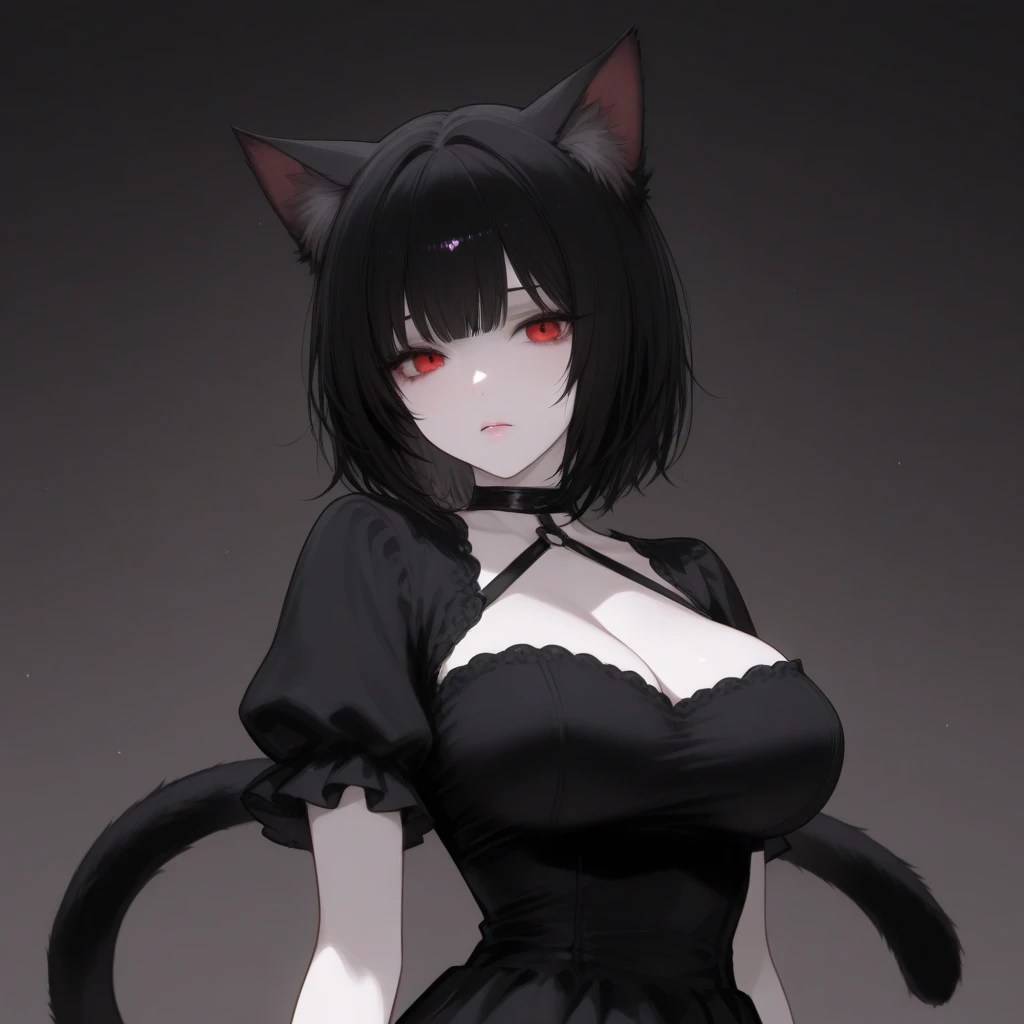 (adult female:1.2), (solo, full-size:1.3), (short black curly hair:1.15), (black hair:1.2),(heterochromia, gray eye, green eye:1.1), (black sport top, tied black sport short:1.35), (huge breast:1.1), (fluffy cat ears:1.05), (fluffy cat tail:1.05), (outline character style:1.2)