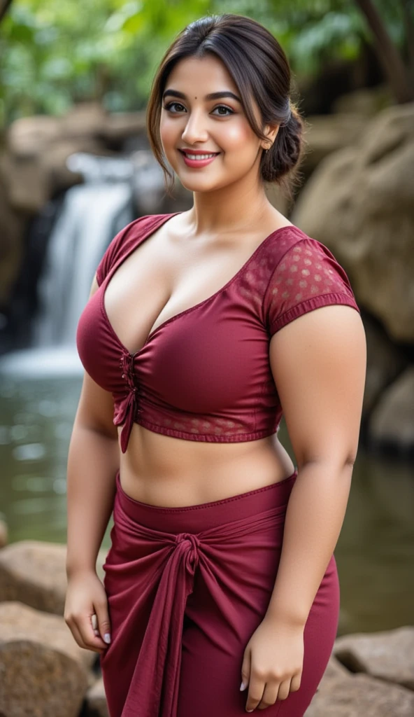 Indian woman masterpiece, best quality, ultra-detailed, (warm hue, warm tone: 1.2), wearing Plus size bra
under red bra, 20 years old, (chubby cheeks:1.1), (curvy body:1.2), (bindi), An Indian beauty, charismatic, light Indian- skin, view the viewer, naughty smile, Indian village,fat Chubby big Cleavage cinematic light, side lighting, ultra high resolution, best shadow, RAW, seductive look, 4k