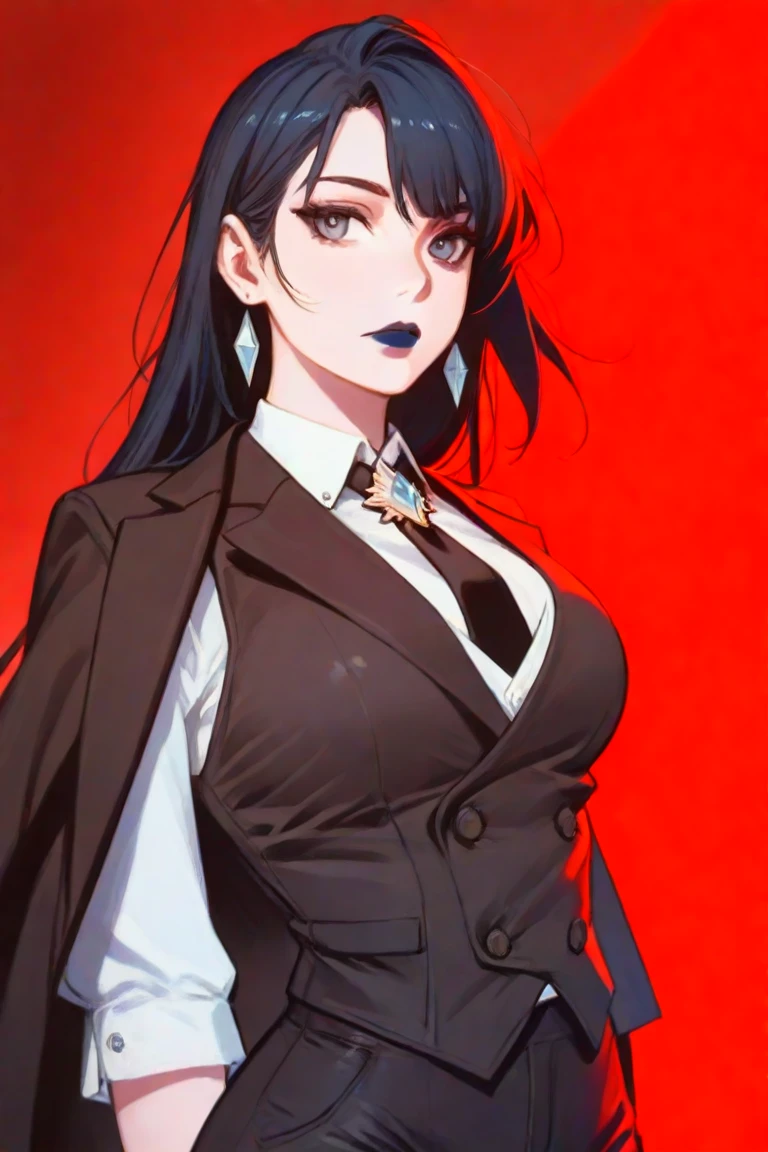 Mature woman, perfect anatomic draw, perfect eyes, long black hair, separated hair, low ponytail, waved hair, beautiful eyes, black eyes, beautiful woman, red lips, red nails, serious face, black suit outfit, scar in the cheek, clevage, sexy pose, sexy woman, 8k, high quality, full HD.