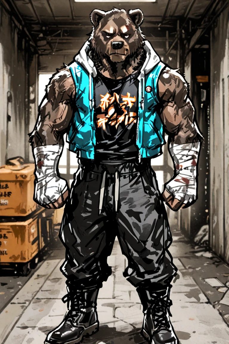 He is masculine and have heavy body. all his body vains are showing up and his body look like a greek god. He is bald but and a little beard in his face. His face look kinds chubby but beautiful. He has brown eye and tan skin color. He is in the gym in mirror selfie position to the view. He is wearing a all black hoodie with the pac-man logo. He is wearing a black jeans and black sneakers. He is wearing a dragon shape bracelet and rings of gold and silver. He is nice good looking guy with a healthy body. he is standing with confidence pose and is alone. The background is gym.