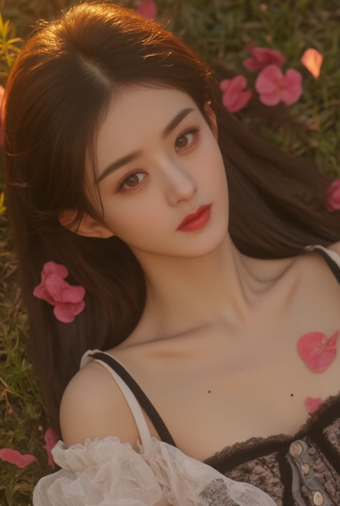 best qualtiy, 超高分辨率, (realisticlying:1.4), Baoyu Girl, A pair of clear and moving peach blossom eyes,Royal Sister,sunshine on face,with long coiled hair,(ln the forest:1.4),(choker necklace:1.2),(Fair skin:1.9),(full bodyesbian:1.2)a sense of atmosphere,a beauty girl, ssmile,head straight-looking at viewer, closeup cleavage ,(Photorealistic:1.4),1girll,Sexy,(Red lace bra:1.4),(Big breasts:1.9),(Upper body:1.4),(Wet body),(:1.2)