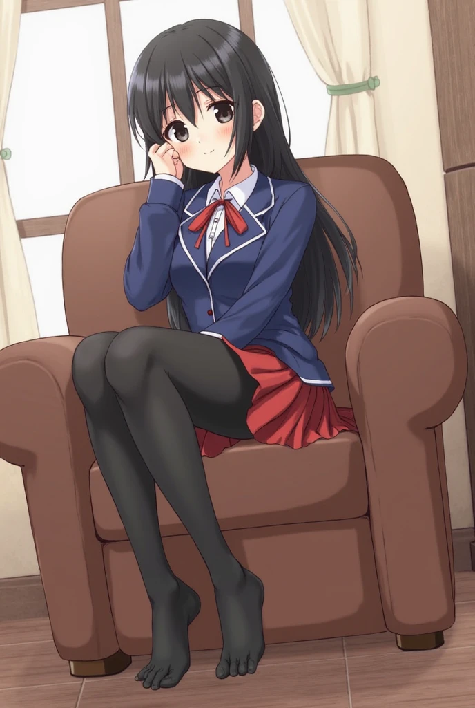 top-quality、High school girl in sailor suit、Sitting on a chair、((Clothes lift,Show off panties))、facial expression of smile、{Black knee socks,lowfers},Full body