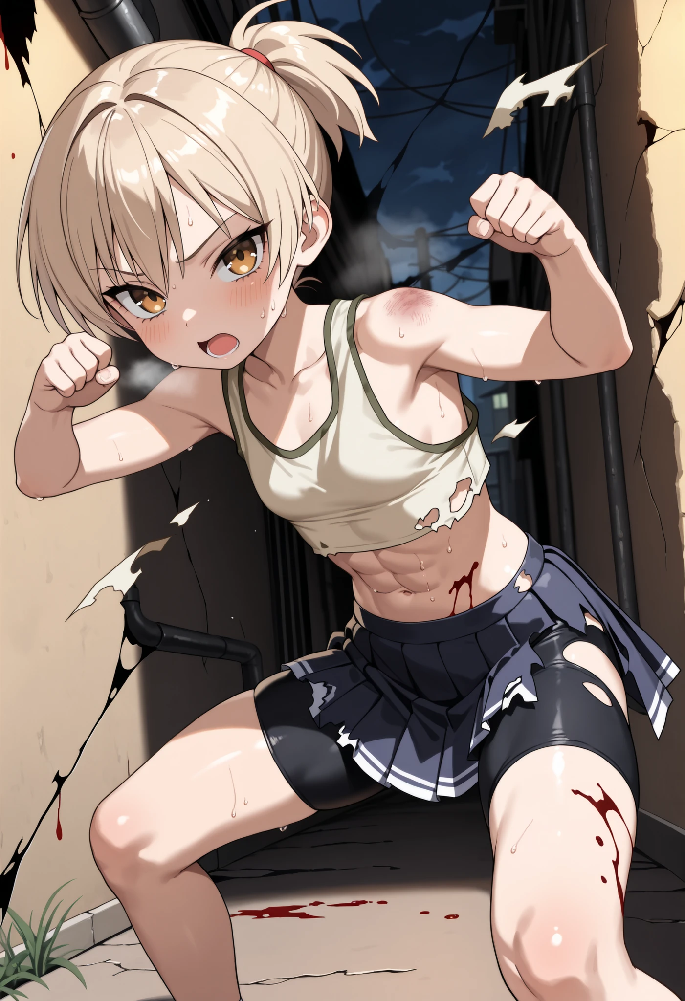 masterpiece, best quality,anime style, 1 girl,(((slender body))), (((small breast))),(((hot pants, white tanktop,red tie))),(((((a gorilla man grabbing the girl))))), ((((restrained, arms behind back)))),((((cum)))), (beautiful face), (((short hair))), (((straight hair))), ((((blonde hair)))),detailed beautiful skin, (perfect hands, perfect anatomy)