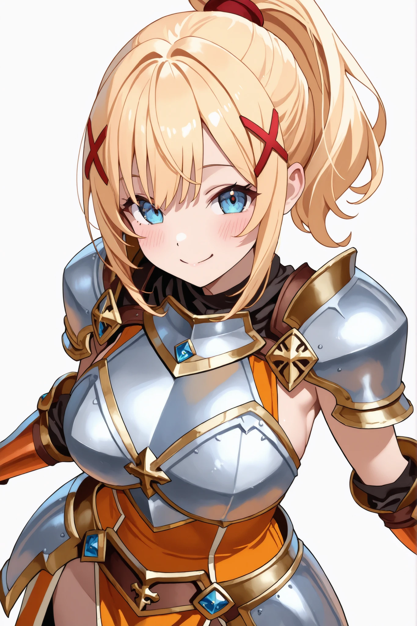 tits、glaring, smile、hands up, elbows on table, face palm、breasts close up, blonde ((((((hair over one eye)))))), Braid Styles, spiked hair, blunt bangs, bob hair, a braid, Ahoge red eyes, (((white bikini armor)))