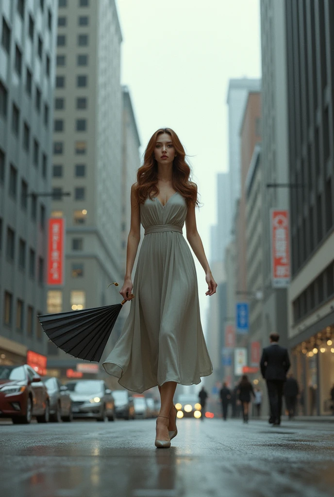 a woman in a purple dress is (walking) down the street, cloudy and rainy weather, delivering packages and boxes, escape from New York, military girl, soaring above a dense city, workers revolution, poster, surveillance, print, ( waitress ) girl, young redhead girl in motion, people run on the street,(8k, RAW photo, best quality, masterpiece:1.2), ultra high res, photorealistic:1.4),Cinematic Light,(soft volumetric lighting:1.2), (realistic, photo-realistic:1.37), detailed skin,professional lighting,Photography, Sharp focus, detailed ,professional lighting, photon mapping, detailed and intricate environment,highly detailed,best quality,8k artistic photography, photorealistic concept art, soft natural volumetric cinematic perfect light,MIDJOURNEY,3DMDT, (cloudy and rainy weather), [cloudy and rainy weather]