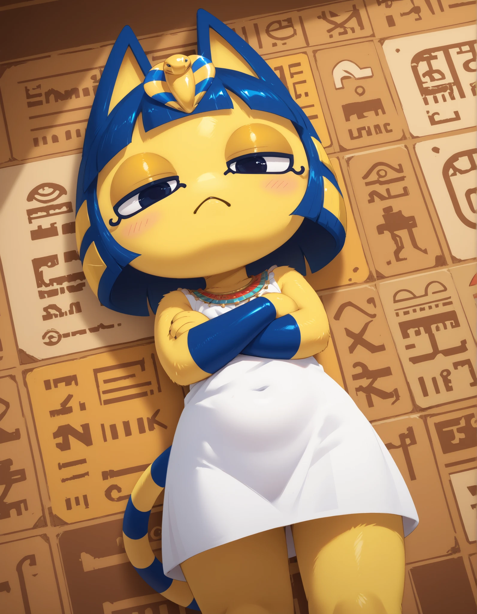 source_furry,ankha (animal crossing), close up, anthro furry,solo, short white dress, neutral expression, half closed eyes, (dynamic angle), (dutch angle), standing, crossed arms