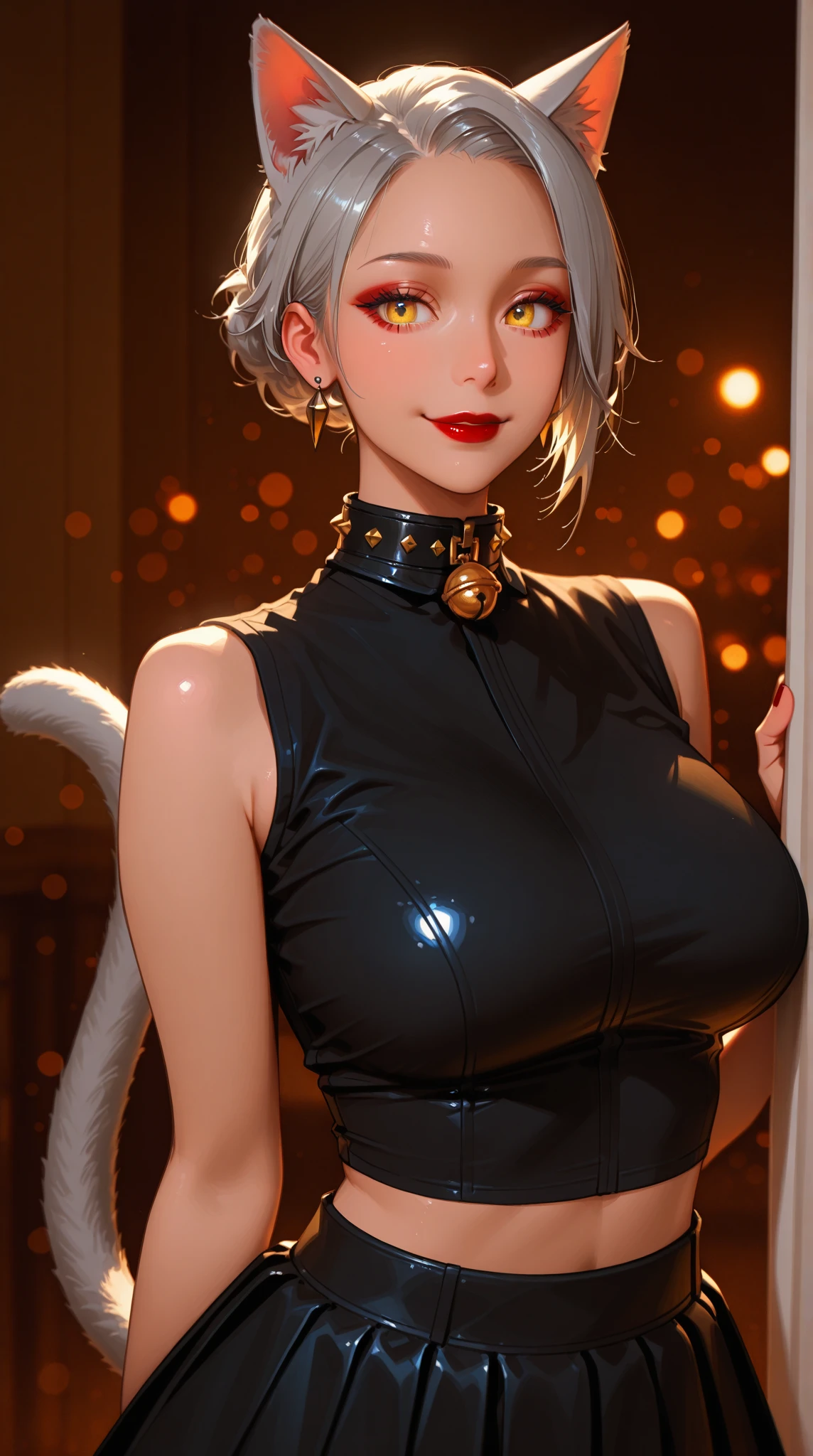 Pearl, Pearl, Tentacle hair, chromatic aberration, 長いTentacle hair, Mole, Mole under mouth, 多色のTentacle hair, Pointed Ears, (Symbol-shaped pupil:1.5), Two-tone hair, Gray Hair, (Yellow Eyes:1.5),
break bare arms, Exposing shoulders, boots, Crown, dress, fingerless gloves, gloves, pantyhose, pink pantyhose, No sleeve, No sleeve dress, zipper, gigantic breast、Cleavage、
break cowboy shot, View Viewer, smile、
break indoors,
break (masterpiece:1.2), highest quality, High resolution, unity 8k wallpaper, (figure:0.8), (Beautiful fine details:1.6), Highly detailed face, Perfect lighting, Highly detailed CG, (Perfect hands, Perfect Anatomy),