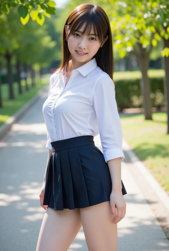 top-quality、ultra-detailliert、masterpiece、realisitic、Photo Real、one girls、(Cute 17 year old girl、small head)、(kawaii:1.2)、huge smile、(Brown hair、Short bob hair)、eyes are brown、perfect glossy skin、((A slender))、((Perfect body))、model poses、accurate depiction、face perfect、in school uniform、white shirt、Blue skirt、Red tie、large full breasts、Look here、Bright lighting、Sunnyday、cafes、terraces、Blur the background、NSFW