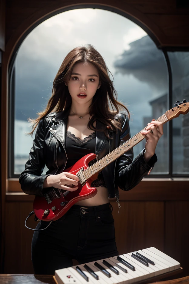Ropa roja,linda de rock con brillos,Labios rojos, perfect face like a doll, rostro hermoso, guantes negros de rock, estrella,ropa roja rasgada, maquillaje hermoso, kiss band, star, chica linda pero ruda tocando guitarra,Guitarra electrica roja en la mano de la chica,cara hermosa como la de una rockera, cabello suelto ondulado, electronic red guitar, cabello suelto como la de un rockero, chica tocando la guitarra electrica en el piso de un escenario concierto de banda, banda de rock, rock, metal, rock, accesorios de banda, VIBES DE ROCK, de Mötley Crüe rock band,Concert background with beautiful red lights,Girl playing electric guitar, pecho descubierto, piernas descubiertas, muslos gordos, pechos lindos, enormes curvas, mujer con muchas curva, caderas anchas, caderas anchas, brazos tonificados, beautiful woman with a leather jacket, lingerie, cute girl 2), detailed face, , hyperrealistic, 8k, (best quality:1.2), (detail:1.1), (photorealistic:1.25), highly detailed facial features, high fashion, moody, nice , pretty face, cute, Short black hair, Short hair, very wide hips, medium and cute breasts, beautiful lips, cute face, seductive but innocent, slightly exposed chest, cute clothes, Juicy and provocative lips, short and cute clothes, shy but seductive attractive eyes and sexy pose, Super wide hips, big breasts, small waist, voluminous and slightly rebellious hair,
