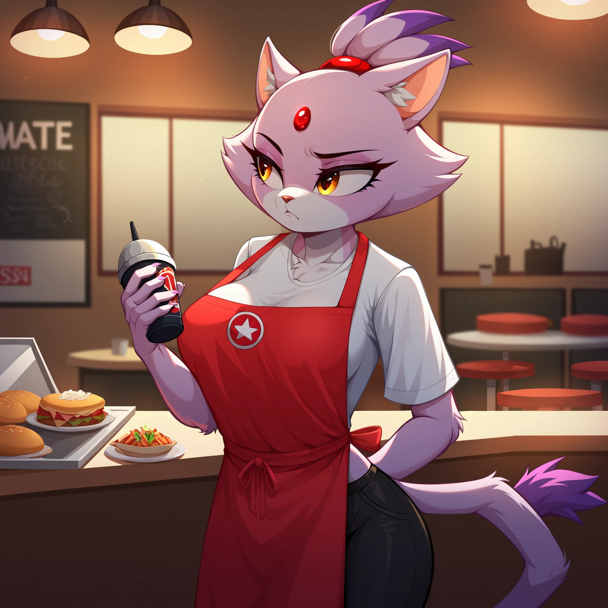 Blaze the cat, masterpiece, ,(solo:1.1), perfect face, (bright lighting:1.2),beautiful detailed eyes, extremely detailed face, perfect lighting,masterpiece, best quality, 1girl, furry, antropomorfic, fur, using white shirt, a white normal shirt, short sleeves, shirt with short sleeves, red apron, black social pants, tired face, looking to the camera, on a fast food restaurant, working a coworker from kfc stores, serving hamburguer, kfc store, working and tired