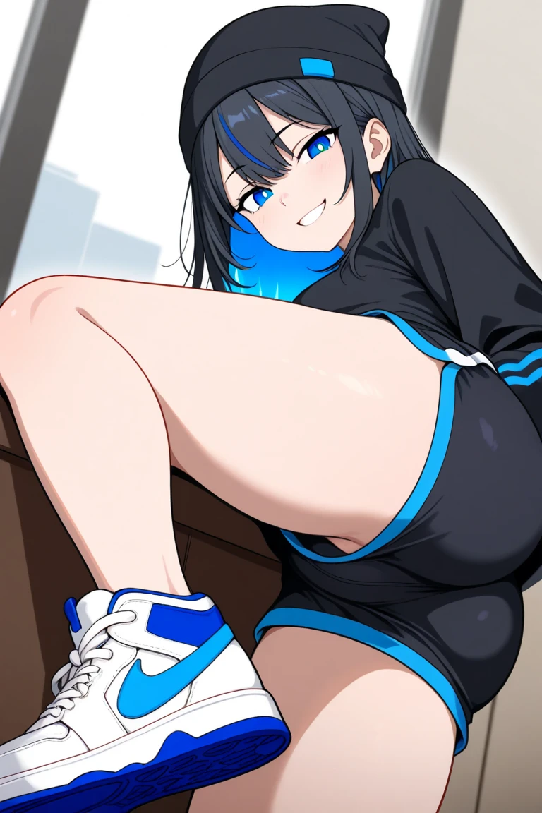 masterpiece, best quality, 1girl, blue eyes, long brown hair, blue hoodie, black short shorts, loose socks, sneakers, smiling looking at viewer, large full breasts, thick thighs, shiny skin, abstract background, vivid colors, paint splashes, soft rainbow theme