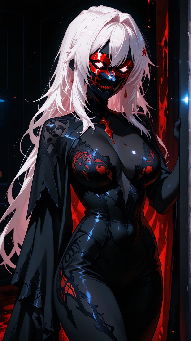 masterpiece, best quality, 8K, Digital painting, 1 girl, solo, stand up, youth, White hair, long white hair, hair accessories, red eyes, round pupils, Emotionless expression, blood stains, Mechanical Parts, electric wire, cable, failure effect, horrifying, science fiction, futuristic, Dark inside the background, neon lights, cyberpunk characters, Surreal, weird, Disturbing, spine-chilling, horrifying, jumpsuit,Red eyes,Venom Possession,blackened,Long black gloves,One-piece Pants,tight latex bodysuit,Highlight her graceful figure,wrap the whole body,symbiont,((Raised sexy)),jumpsuit,Red eyes,Venom Possession,blackened,Long black gloves,One-piece Pants,Black latex clothing,Blood-red eyes,best quality, High resolution, Super detailed, Vivid textures, mask, tight latex bodysuit, Bangs,purple hair, blue eyes