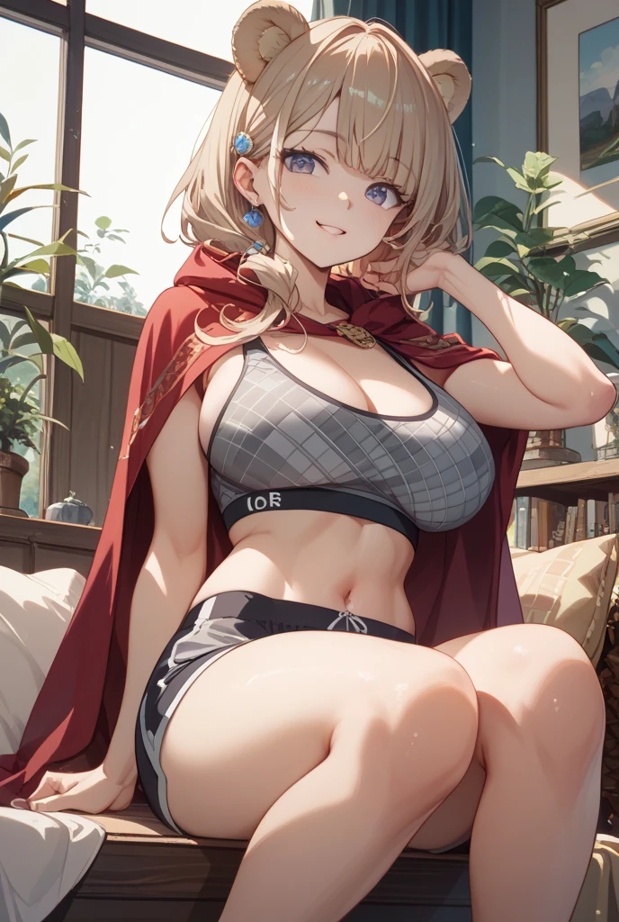 masterpiece, best quality, beautiful art, high resolution, well formed hands, body and fingers, 1 woman, solo, Lumine , blonde, full body picture, grown up, adult, large and rounded breasted, cleavage, hair ornament, wearing a Dangerous Beast outfit , dangerous_beast_cosplay, claws, fangs, wolf ears and wolf tail, full body, sexy and skimpy bikini, gorgeous hips, legs and thighs bouncing breasts, red boots, dancing seductively and erotically, turning backwards and forwards, bikini thong, shaking her body alluringly, smiling joyfully, looking at the viewer, sweating , flirting, beach environment