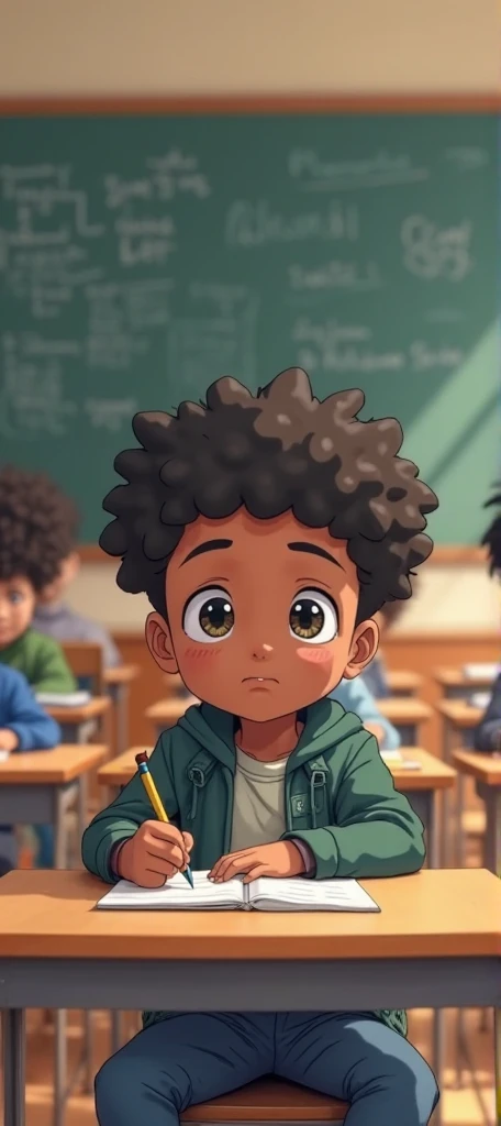 cute black boy with curly hair, coming down from a school bus, wearing a school uniform, Geometric multidimensional wall portrait, colouring, Obras, of the highest quality