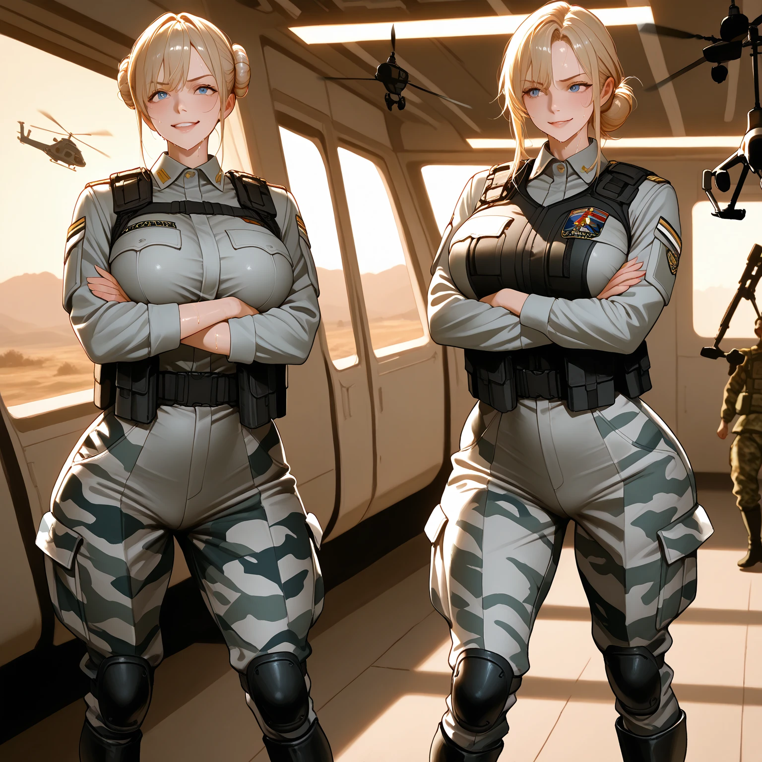 german woman, white longbob haircut, Military camouflage Uniform, big breast, blue eyes,Green Camouflage trousers, black boots, standing in the Command Room