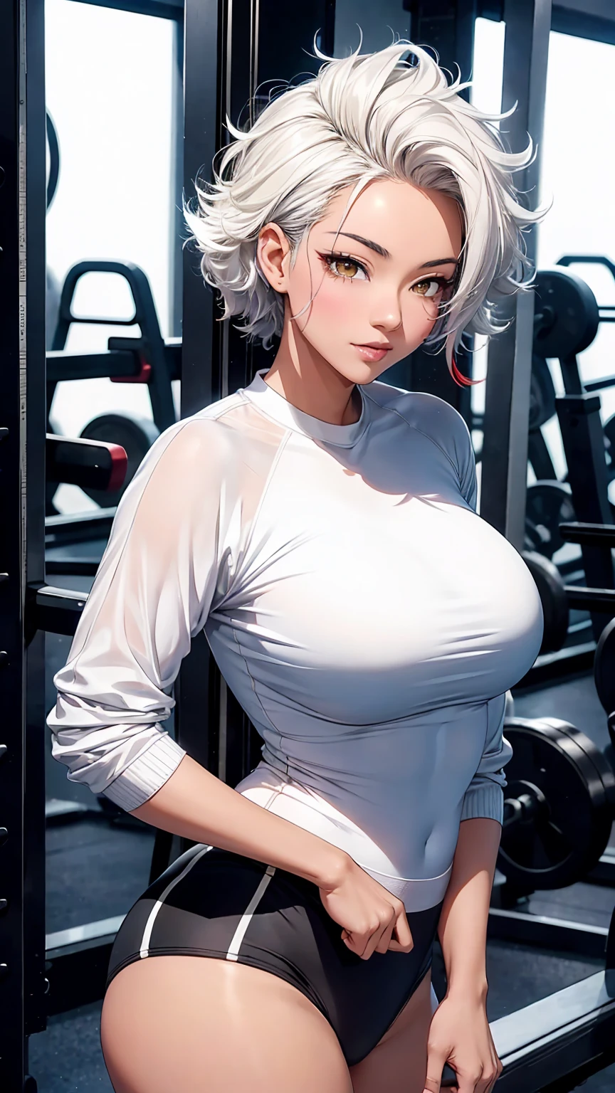 a woman with white hair, fair skin, blue eyes, wearing a white sweatshirt and leggings, breasts, expression of joy, happiness, sensual pose. looking at the viewer. showing abdomen.