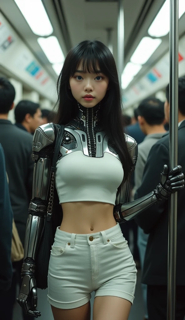 a woman covered in intricate white cybernetics, blue led lights, battle suit, cleavage, high tech, ultra high def, 32k, (Bikini Cyborg robot parts), (detailed:1.4), cyberpunk city background, rainy street, beautiful face, golden long hair, professional lighting, masterpiece, very delicate and beautiful, professional photograph, (smiling:0.5)