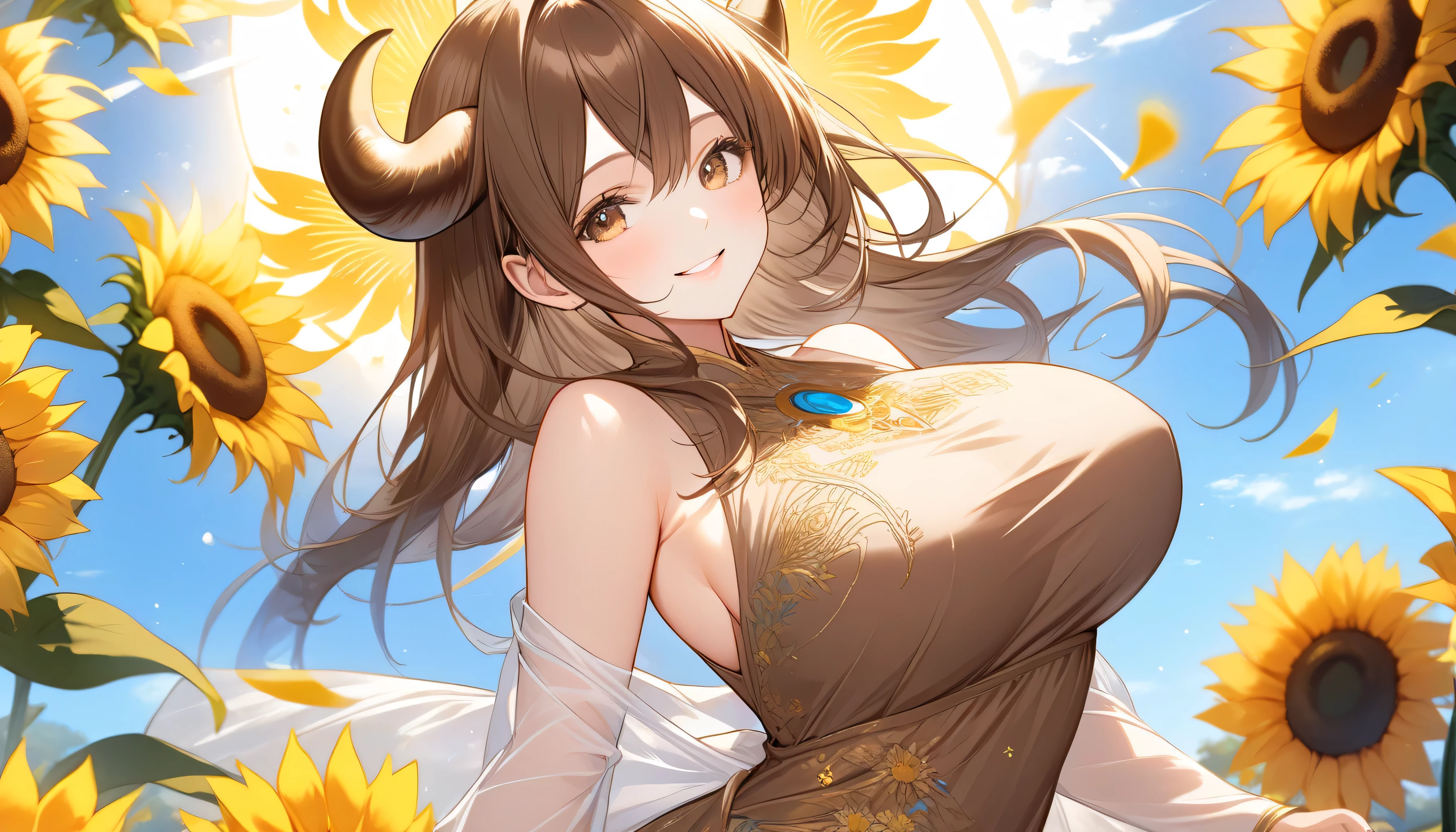 a cute girl, 1girl, beautiful detailed eyes, beautiful detailed lips, extremely detailed face, long eyelashes, anime style, wavy brown hair, cheerful expression, floating weightless, colorful sky background, dramatic lighting, vibrant colors, 8k, high quality, digital painting, cinematic composition, masterpiece ochako uraraka, pechos enormes