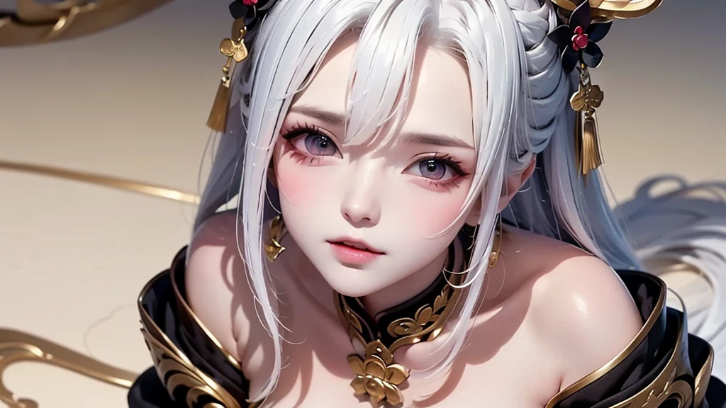Highest quality, masterpiece,Gray Hair, Golden Eyes,White clothes, look up, Upper Body,hair,Fair skin,Side braid、Nipples、Big Breasts、Big Tits、