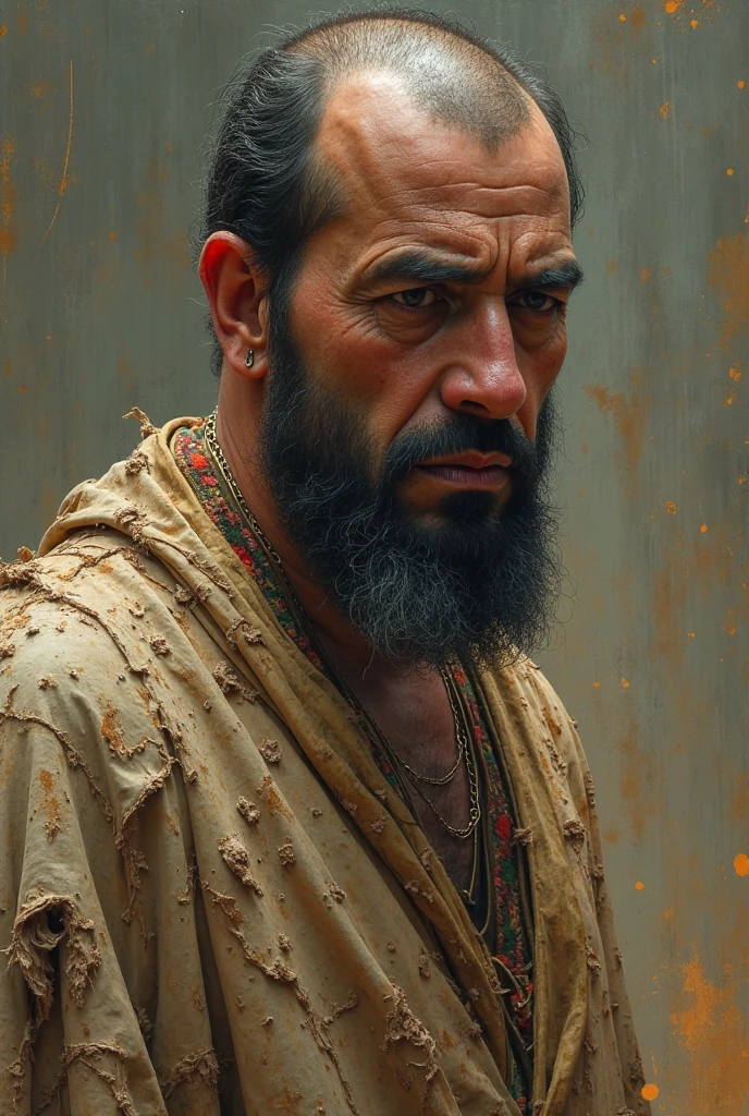 "Half body photo of a wise and imposing man looking forward directly into the camera, vor 40 Jahren, mager, Barbudo und graue Haare, mit ernstem Gesichtsausdruck und einem Hauch von Erfahrung. highest resolution. Inspiration des antiken griechischen Menschen."
