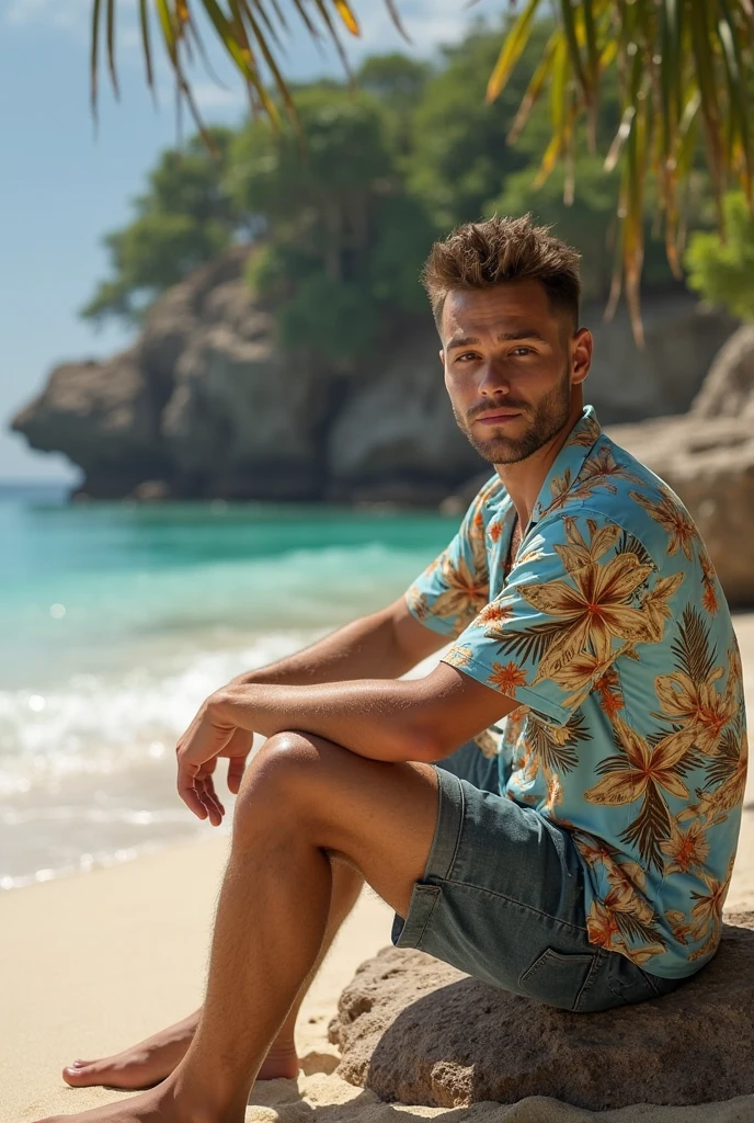 A 30-year-old man, model type, with short dark brown hair, with blue eyes, wearing plaid shirt, pink shorts, tennis,  sitting on a wooden pier located on a beach in the Algarve.