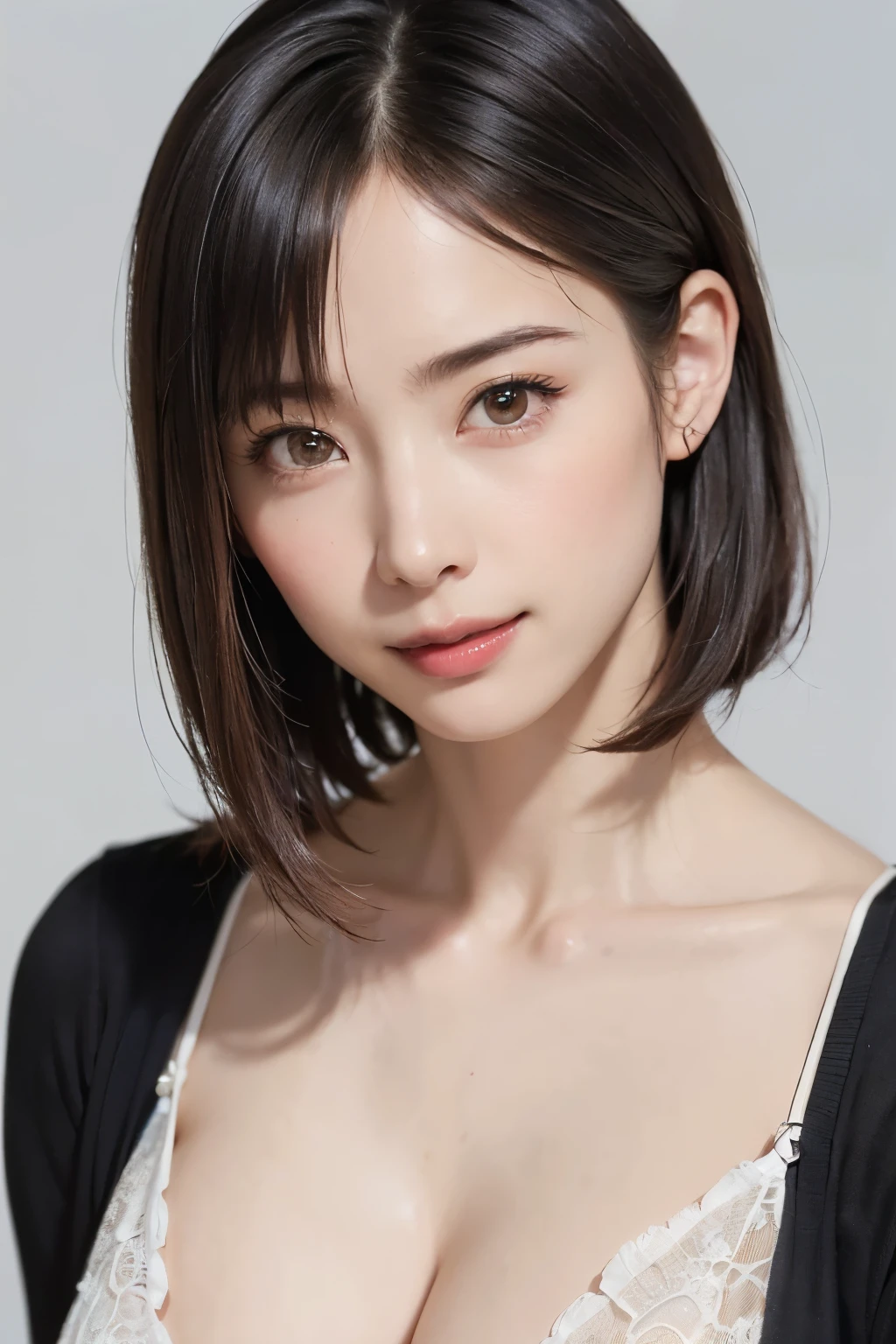 (table top, best quality、ultra high resolution、face focus focus、focus on the side、belly focus、décolletage focus、really attractive beauty、Adds intense highlights to the eyes.、Look closely at the camera:1.4、Very pretty bangs:1.4、Brunette short bob haircut with bangs:1.4),1 girl, report, black hair, realistic, looking at viewer, pale black eyes, Short hair, Lips, lip gloss, upper body、big 눈、Eyelashes)、((italy nature background、Hyper Real Stick:1.4))、((Short hair with bangs:1.4、46-point beautiful bangs:1.4、{giant|big|giantな|mega} chest:2, split:2、big 눈、Give your students powerful highlights、very bigger chest、look at the audience、very beautiful beauty、show me your ears、Your neck is long and pretty、beautiful décolleté、laugh、A laughe beautiful teeth、Open your mouth and laughe))、28 years old、so cute supermodel、complete anatomy