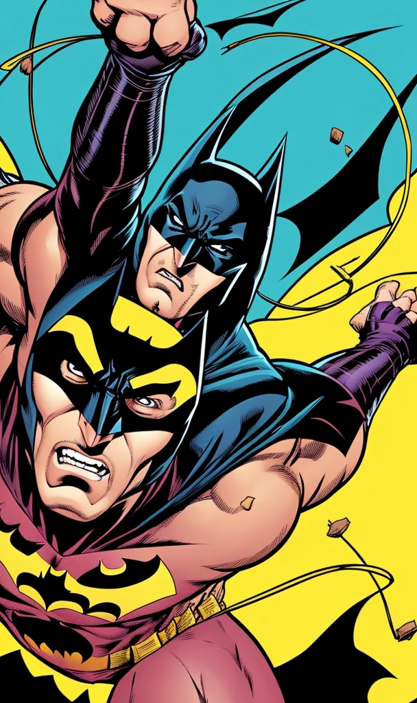 Wolverine and Batman kissing, classic comic book costumes, musculosos, Men peludos, strong arms, large breasted, Tongue kiss, Men