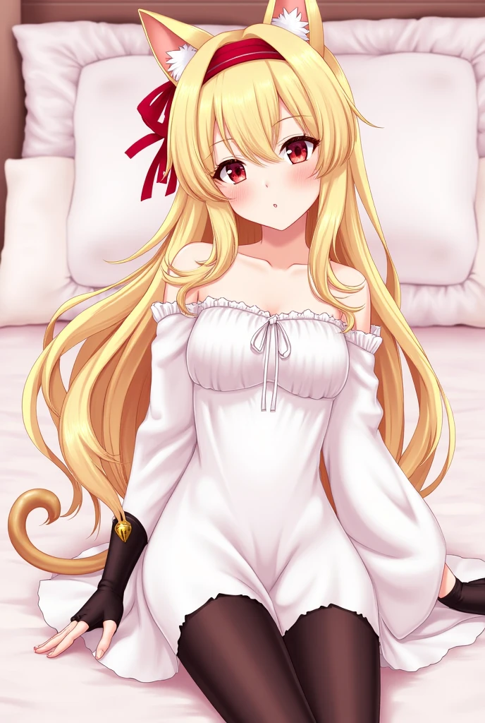 Perverted man possessed Marie Rose, Glowing-red eyes, Blonde hair, evil grin, dark horror ambience, waking up in Marie Rose's body, sitting in bed, happy, slender body, wearing pajamas