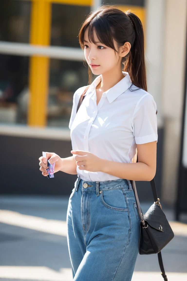(Photorealistic:1.8, highest quality:1.8,8K masterpiece:1.8,High resolution,Mastepiece:1.8,RAW Photos,Cinematic lighting,lighting from behind,No split screen)、morning、Cafe、(A woman holding a coffee cup)、(Soryu Asuka Langley)、Knee Shot、Angle from below、
(Sunburned skin、choker、Medium chest、White Shirt、Micro short denim、Wide open chest、Beautiful thighs、Plump nipples)、Random Pause、
(Medium Hair、Beautiful, shining red, blue, white, and brown hair:1.5)、Beautiful and detailed blue eyes、Beautiful lip、Detailed correct finger、Blushing、greet、Smile