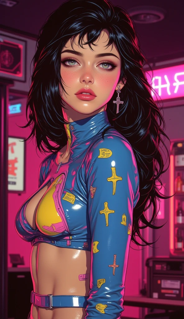 one girl, solo, (head close up:1.3), (black eyes:1.5), (black hair:1.3), (two cute braids:1.2), masterpiece, highly detailed, look at viewer, front view, (choker:1.4), (studio lights, fractal art, bright colors, colorful background, colors mashing, paint splatter, complimentary colors, neon, compassionate, limited palette:1.2), (cleavage:1.3)