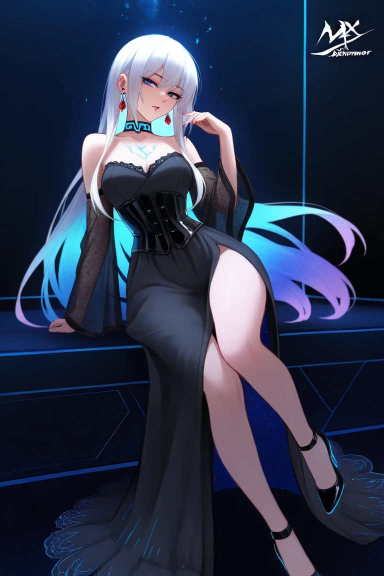 Anime, woman, hair is long to legs, pale blue hair, white color eyes, cool, earrings, big boob full-bodied, wearing a black dress, beautiful, elegant, pure, fantasy,