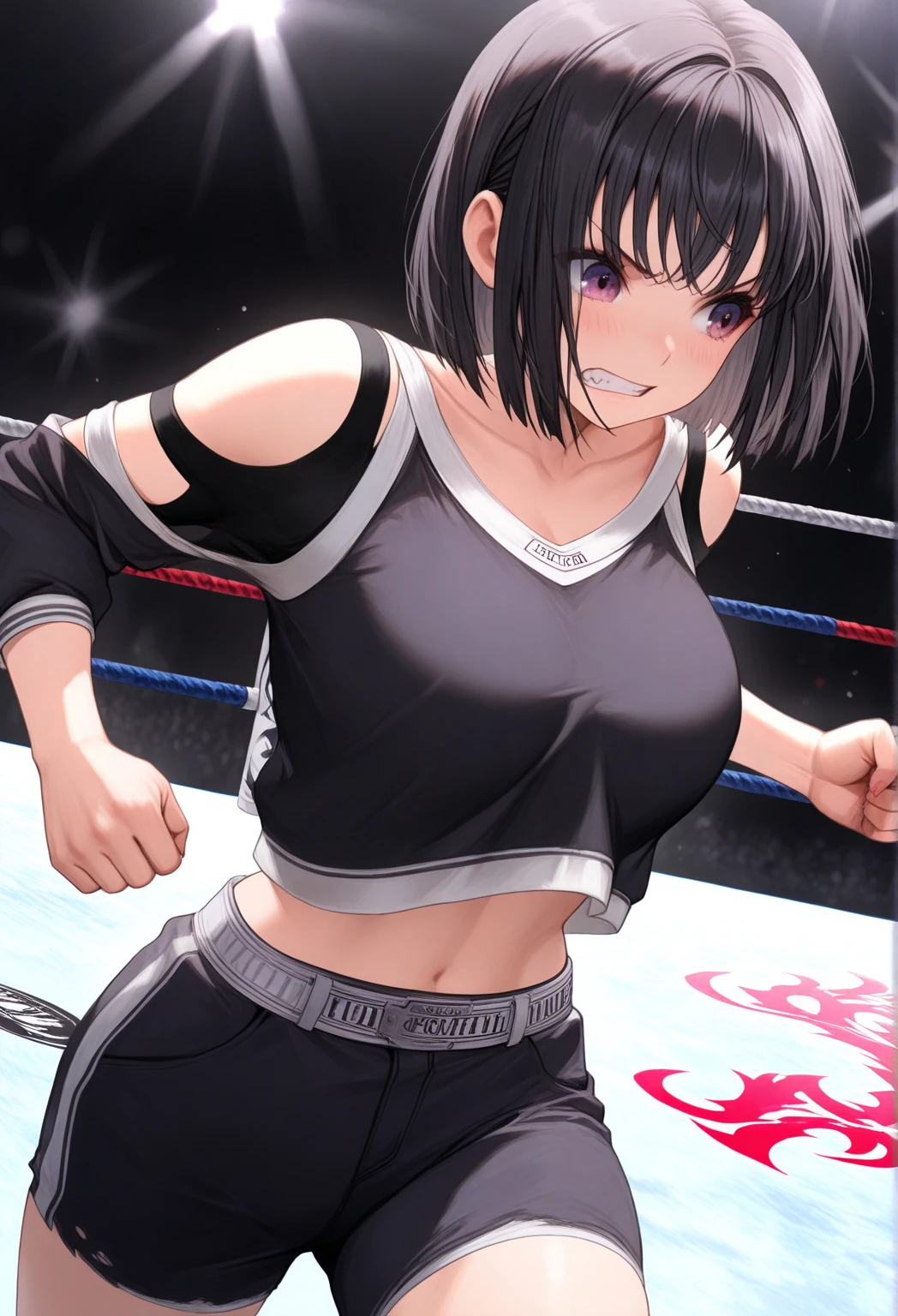 anime style, wrestling ground, (hinata\(boruto\), (female wrestler), (slender body), mature woman, milf, (bikini, pro wrestling gear) victorious, gorgeous, winner, kind face, smile, closed mouth, pale skin, (dark blue hair color:1.1), wavy hair, ((short hair, hime cut), big breasts, (only one arm stretching), long belly, closed fists