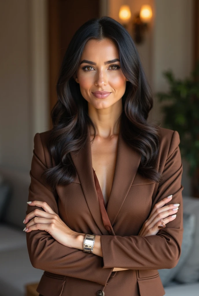 Foto da parte do tronco do corpo da mulher morena de olhos castanhos, em um blazer bege escrito com bordado escrito NAIM, e camisa social branca, estilo enfermeira chefe executiva, em uma casa de repouso de idosos de luxo, business clothes, Foto CRU, pele altamente detalhada ,8k HD, dslr, soft lighting, alta qualidade, cinematic grain, Fujifilm XT3.