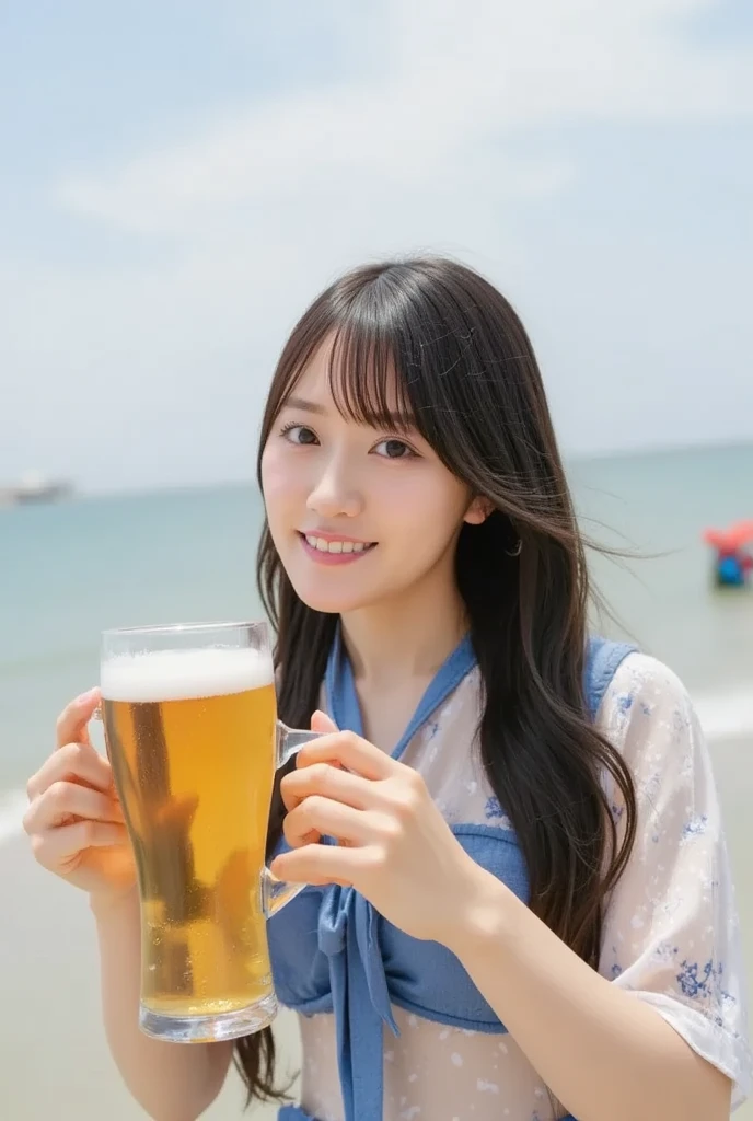 nsfw, Japanese plump girl she is drinking beer, full face blush:1.6 long wave hair, BREAK brown eyes, huge breasts:1.6 looking at viewer, cleavage, nude, smiling:1.5, high quality:1.3, realistic:1.2, 4k resolution, detailed skin, masterpiece:1.1, at beach,