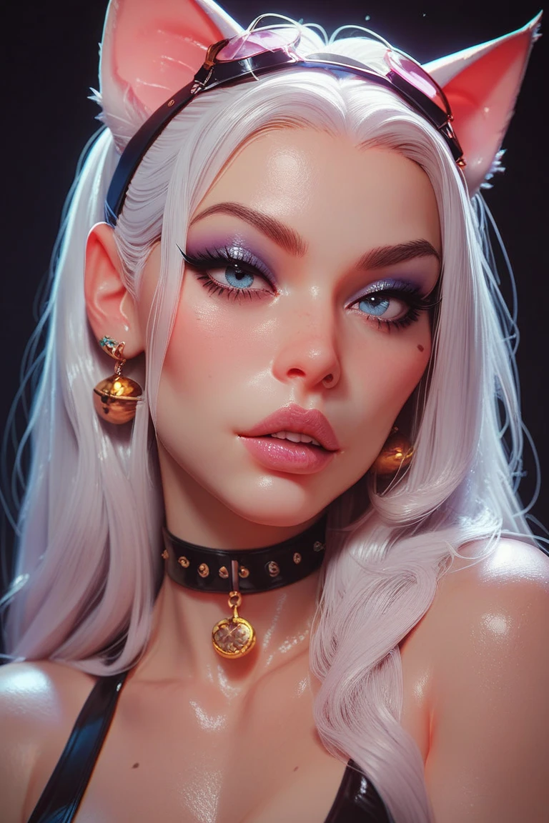 portrait photoshoot, platinum blonde emmanorts , wearing black dress, narrow nose, looking away, distant gaze, (((very heavy make up))), (((freckles))), detailed silver green eyes, (((extremely long black eye lashes))), very large eyebrows, classy look large mouth, red lips, high cheekbones, high contrast, art by sakimichan