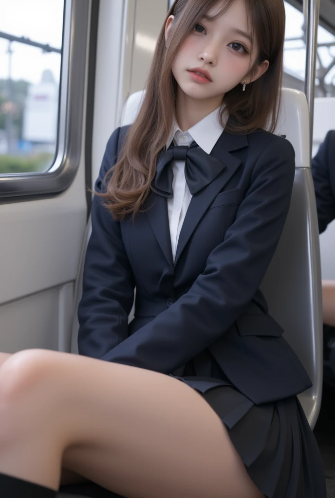 (8K), (highest quality: 1.2), (realistic), (realistic: 1.37), ultra high resolution, 1 girl, cute, smile, closed mouth, beautiful details, beautiful nose, wet hair, giant dulcefo, pork, thighs,self snap,University Student Uniform,simple blazer,Tartan check pleated skirt,Sitting on a train in Tokyo,cross your legs, From above,thighs,ponytail,earrings,thigh-high socks,