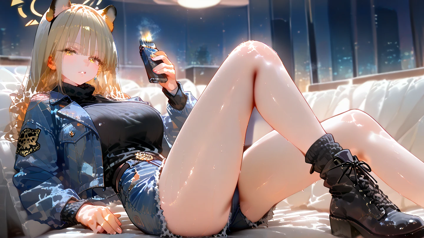 1girl, solo, yorigami jo'on, orange hair, drill hair, eyewear on head, orange eyes, earrings, looking at viewer, crowd, sitting, makeup, morden city, mole under mouth, colored inner hair, blue streaked hair, white streaked hair, bar, night city, T-shirt, Denim shorts, fishnet stockings, stockings, neon lights, sitting, spread legs, smile, open mouth, heart in eye