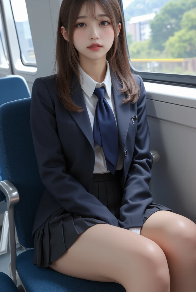 (8K), (highest quality: 1.2), (realistic), (realistic: 1.37), ultra high resolution, 1 girl, cute, smile, closed mouth, beautiful details, beautiful nose, wet hair, giant dulcefo, pork, thighs,Self snap,University Student Uniform,Sitting on a Tokyo train,simple blazer,pleated skirt,(The pattern of the skirt and tie is a tartan check pattern..:1.3),cross your legs, From above,thighs